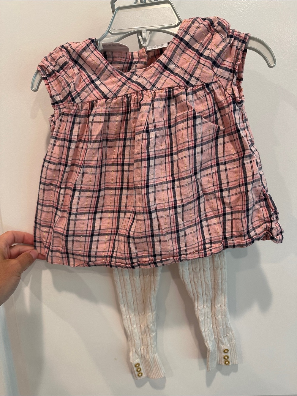 Koala Kids Pink Plaid Sleeveless Top with cable knit leggings.